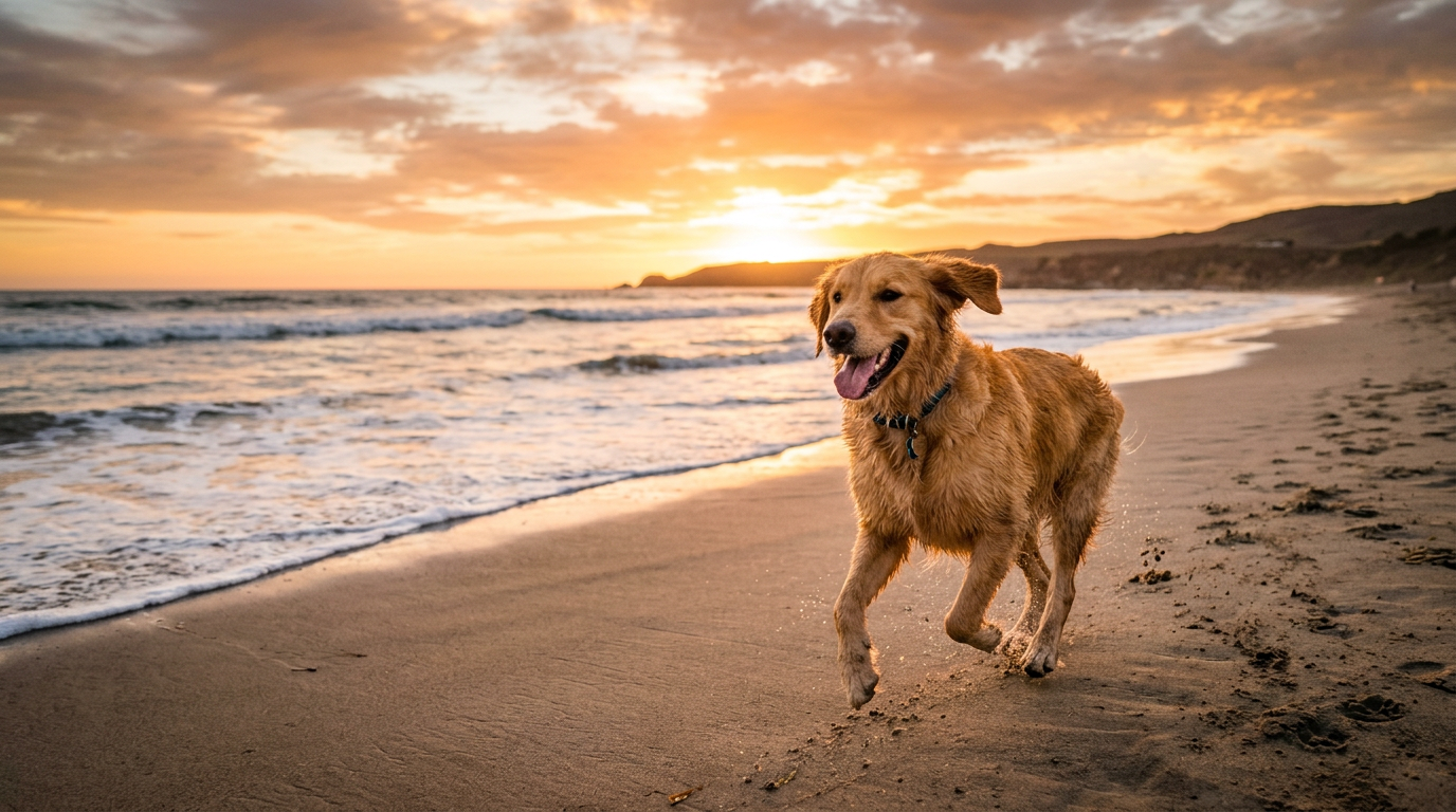 Happy golden retriever on the beach